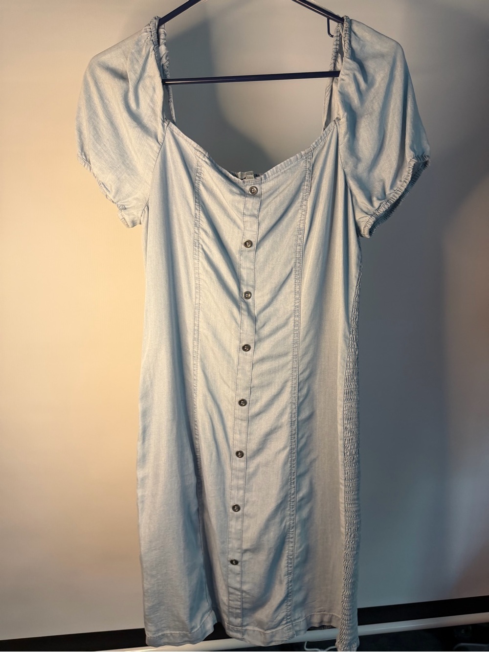 Love Tree Light Blue Button-Front Midi Dress with Puff Sleeves
